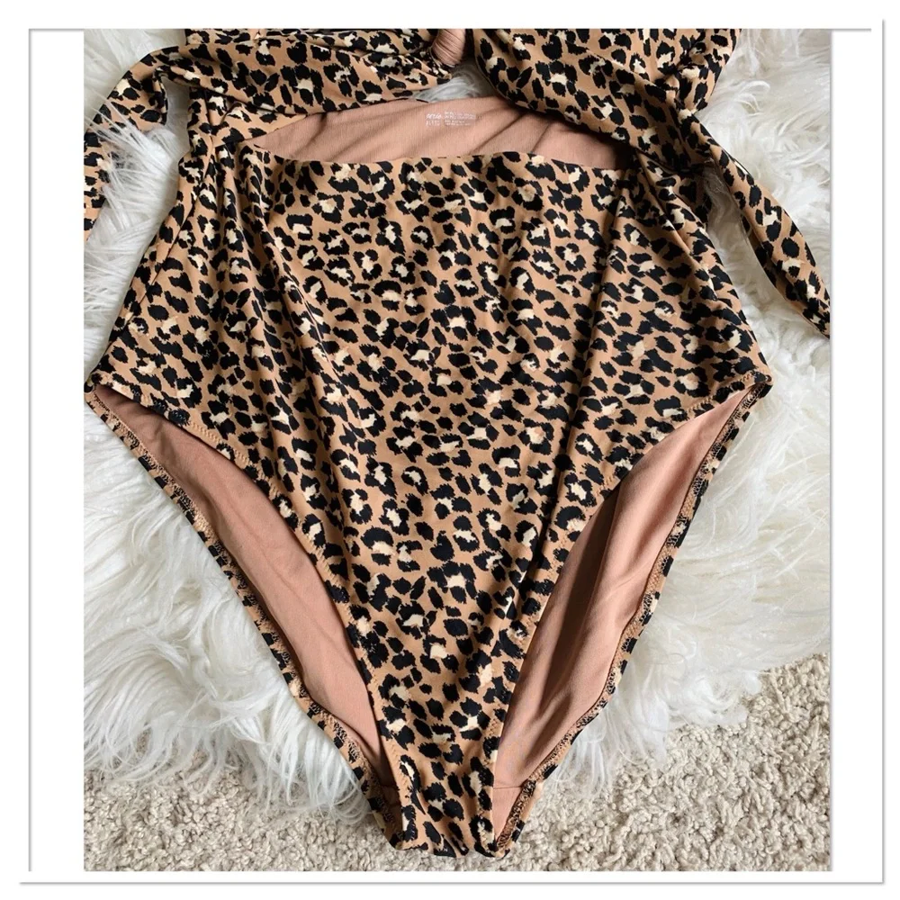 Aerie Cut Out Tie Wrap One Piece Swimsuit Animal Print Brown Black Size XL